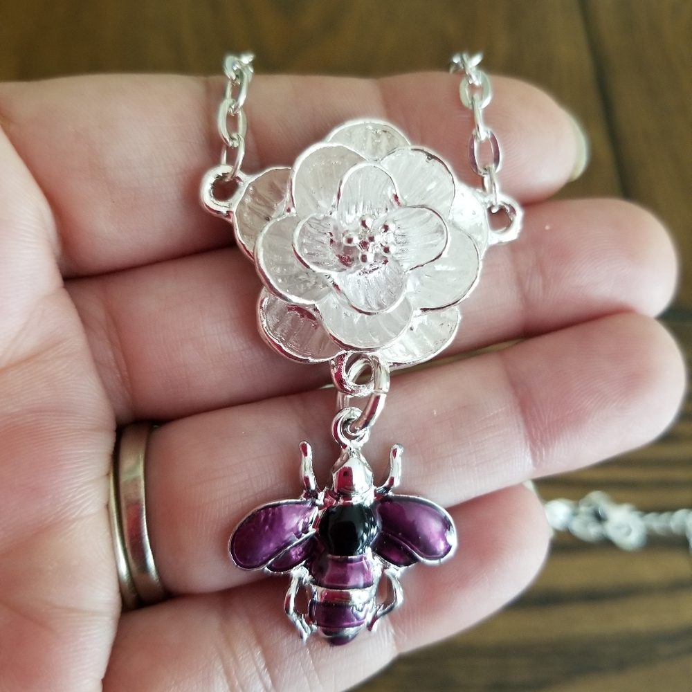 Handmade Purple Bumblebee & 3D Flower Necklace